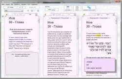 Электронная Библия, версия 2.20. Три окна с переводами, личная заметка, всплывающая словарная подсказка